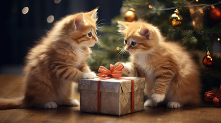 Cute ginger kittens near christmas tree with gift box at homeの素材