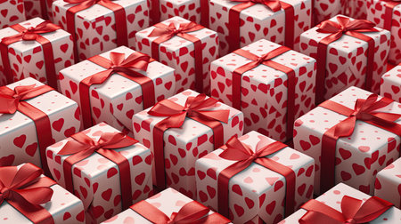 many gift boxes with red hearts on white background. 3d renderingの素材