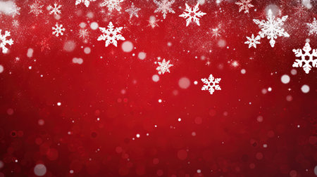 Christmas background with snowflakes and bokeh lights on redの素材