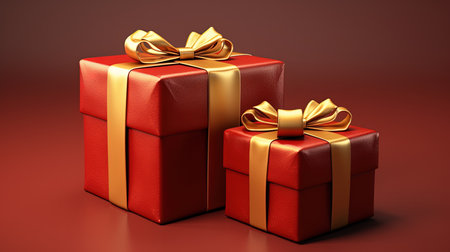 3d illustration of red gift boxes with golden bow over red backgroundの素材