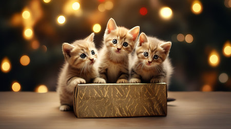 Three kittens sitting in a gift box on a wooden table with bokeh backgroundの素材