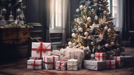 Christmas tree with gifts under the tree in the interior of the houseの素材