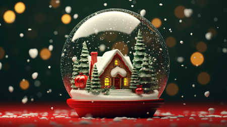 Snow globe with christmas house on red background. 3D renderingの素材