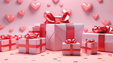 Valentine's day background with gift boxes and hearts 3D renderingの素材