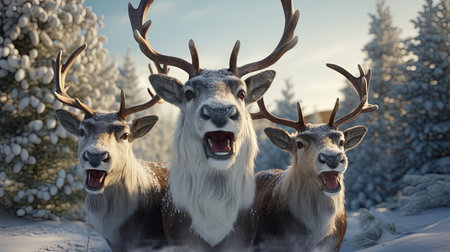 3D rendering of three reindeer in the winter forest.の素材