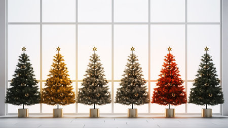 Christmas trees in bright room with large window. 3D Renderingの素材