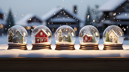 Snow globes with houses and christmas trees. 3D renderingの素材