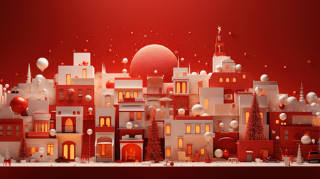 Christmas and New Year holiday background. Cityscape with Christmas trees and houses.の素材