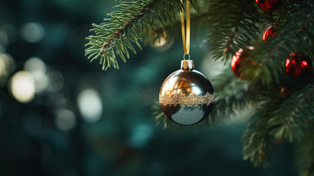 Christmas tree decoration with ornaments on blurred green bokeh backgroundの素材