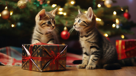 Two cute bengal kittens near Christmas tree with gifts on wooden floorの素材