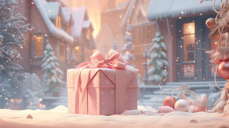 Christmas and New Year background. Christmas tree, snow, houses, gift box.の素材