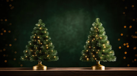 Christmas tree on wooden table with bokeh background, 3D renderingの素材