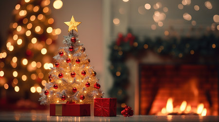 Christmas tree with gifts and fireplace on background. Christmas and New Year conceptの素材