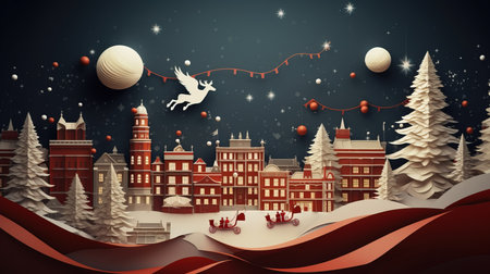 Santa Claus flying on his sleigh over the city. Christmas backgroundの素材