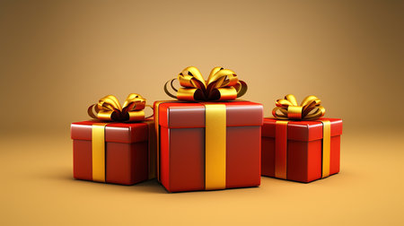 3d render of red gift boxes with golden bows on yellow backgroundの素材