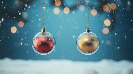 Christmas balls on a blue background with bokeh. 3d renderingの素材