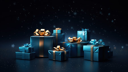 Blue gift boxes with golden bows on black background. 3D renderingの素材