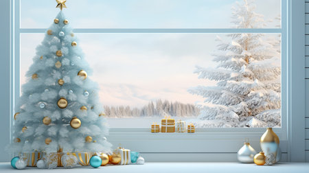 Christmas tree and gifts in the window. 3D illustration. Winter landscape.の素材