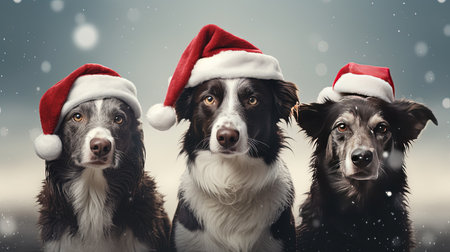 Three cute border collie dogs in santa hats looking at cameraの素材