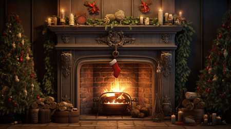 Christmas fireplace with christmas tree and gifts. 3D rendering.の素材