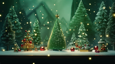 Christmas and New Year holiday background. Festive decoration with Christmas tree, snow, snowflakes and gift boxes.の素材
