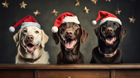 Group of dogs in Santa Claus hats over grey background. Christmas theme.の素材