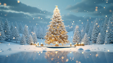 3d rendering of christmas tree in winter landscape with snowflakesの素材