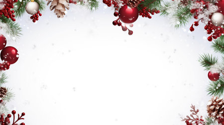 Christmas background with fir branches, red balls and snowflakes.の素材