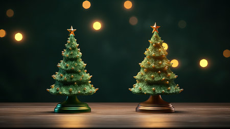 Christmas tree on wooden table and bokeh background. 3d renderingの素材