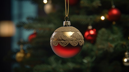 Christmas ball hanging on a christmas tree with bokeh backgroundの素材