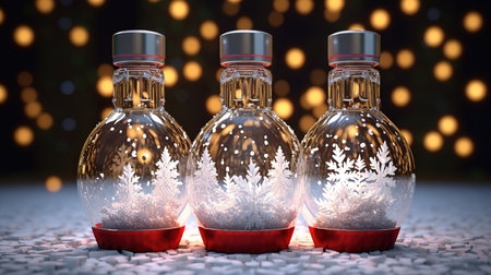3d render of Christmas glass balls with snowflakes on bokeh backgroundの素材