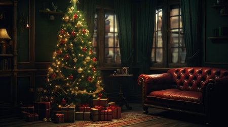 Christmas living room interior with a Christmas tree and gifts. 3d renderの素材