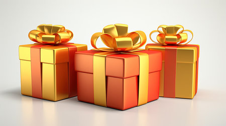 3d illustration of three gift boxes with golden bows over white backgroundの素材
