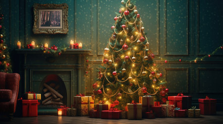 Decorated Christmas tree with presents in classic interior. 3D renderingの素材