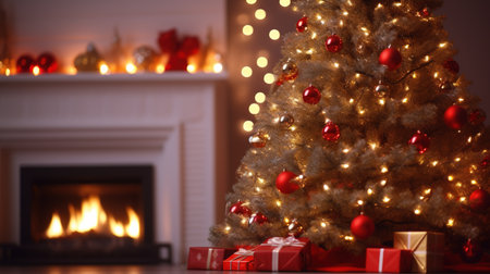 Beautiful Christmas tree with gifts and fireplace on background, closeupの素材