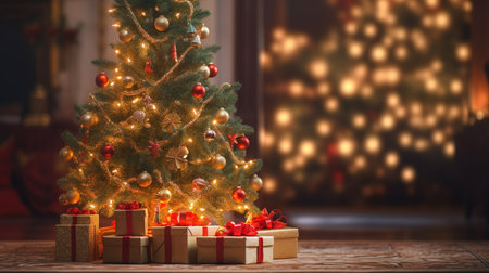 Christmas tree with gifts on the background of a fireplace with Christmas lightsの素材