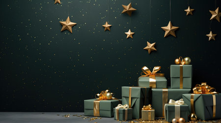 Christmas and New Year background with presents and golden stars. 3d renderingの素材