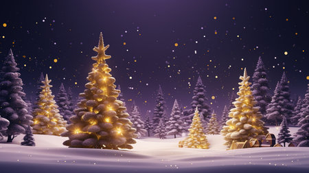 Winter landscape with Christmas trees and snowfall. 3d rendering.の素材