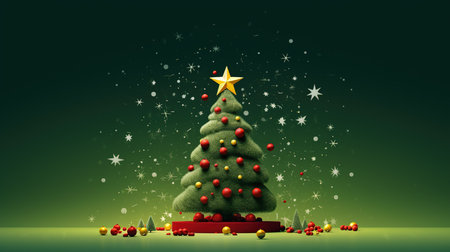 Christmas tree with red baubles and golden star on green backgroundの素材