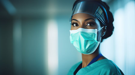 Portrait of african american female surgeon in operating room.の素材