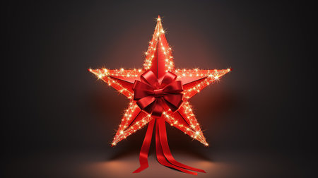 Christmas star with red ribbon on dark background. 3D Renderingの素材