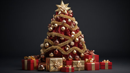 Christmas tree with red and gold gifts on dark background. 3D renderingの素材
