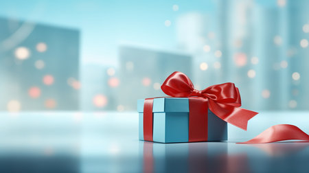Blue gift box with red ribbon and bokeh background. 3d renderingの素材