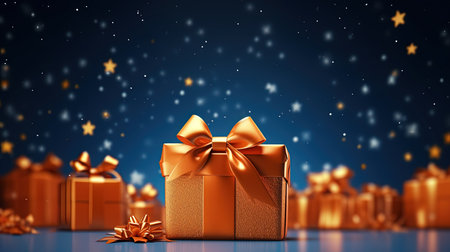 Golden gift boxes on blue bokeh background. 3D renderingの素材