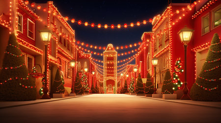 Christmas street decorated with lights and garlands. 3d rendering.の素材