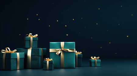 Gift boxes with golden bows on dark background. 3D renderingの素材