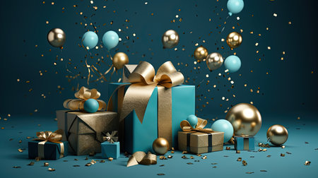 Gift boxes and balloons on blue background. 3D rendering.の素材
