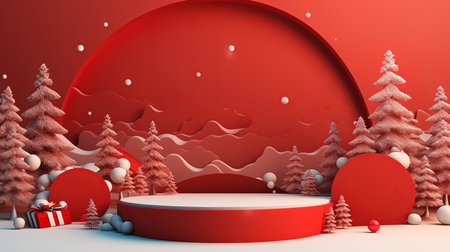 3d render of Christmas background with red podium and gift box.の素材