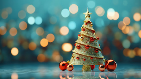 Christmas tree on bokeh background. 3d render illustration.の素材