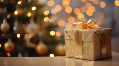 Golden gift box on bokeh background. Christmas and New Year conceptの素材